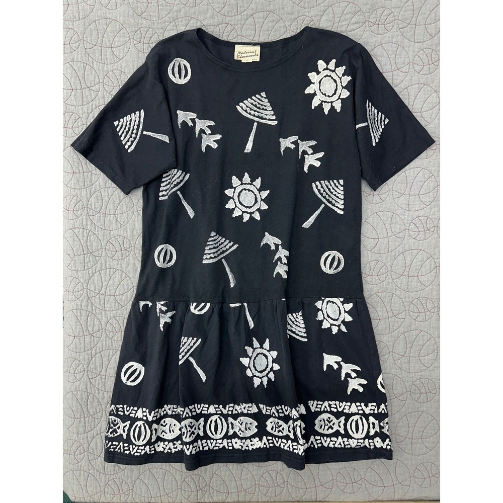 Natural Elements Dress Black Cotton Novelty Puff Print Paint / Women/s 2X